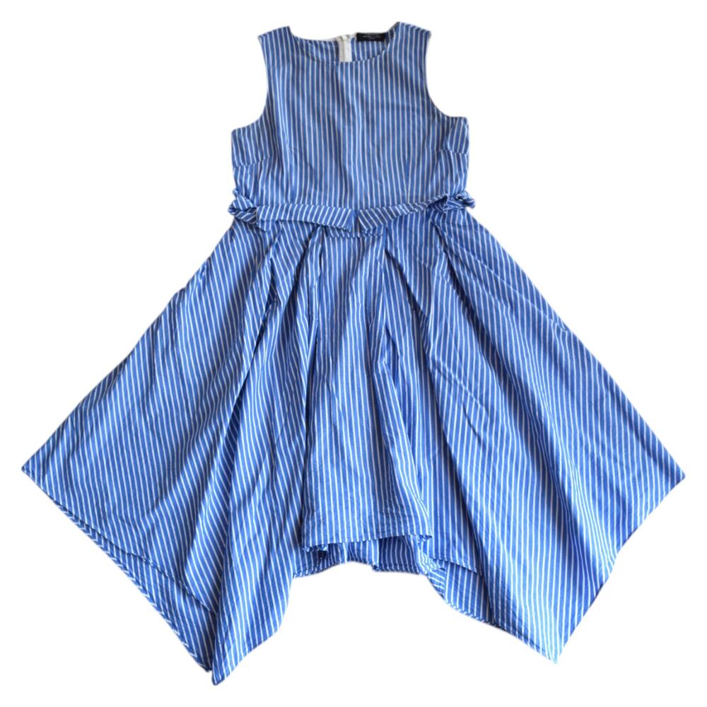 Tahari Blue White Stripe Handkerchief Hem Cotton Midi Dress Petite Medium